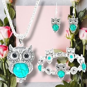 Silver plated black crystal turquoise stone owl necklace earing bracelet set